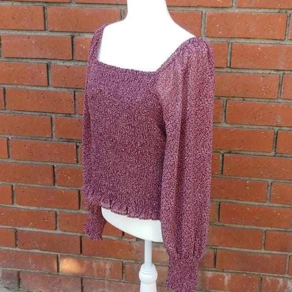 Madewell Smocked Women's Peasant Chiffon Top in Burgundy size Large - Picture 7 of 14